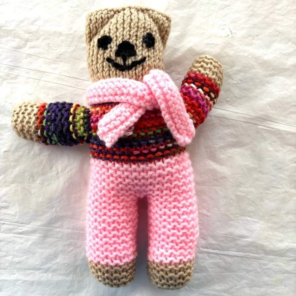 Hand Knitted Pink & Multicolor Teddy Bear Handmade. New